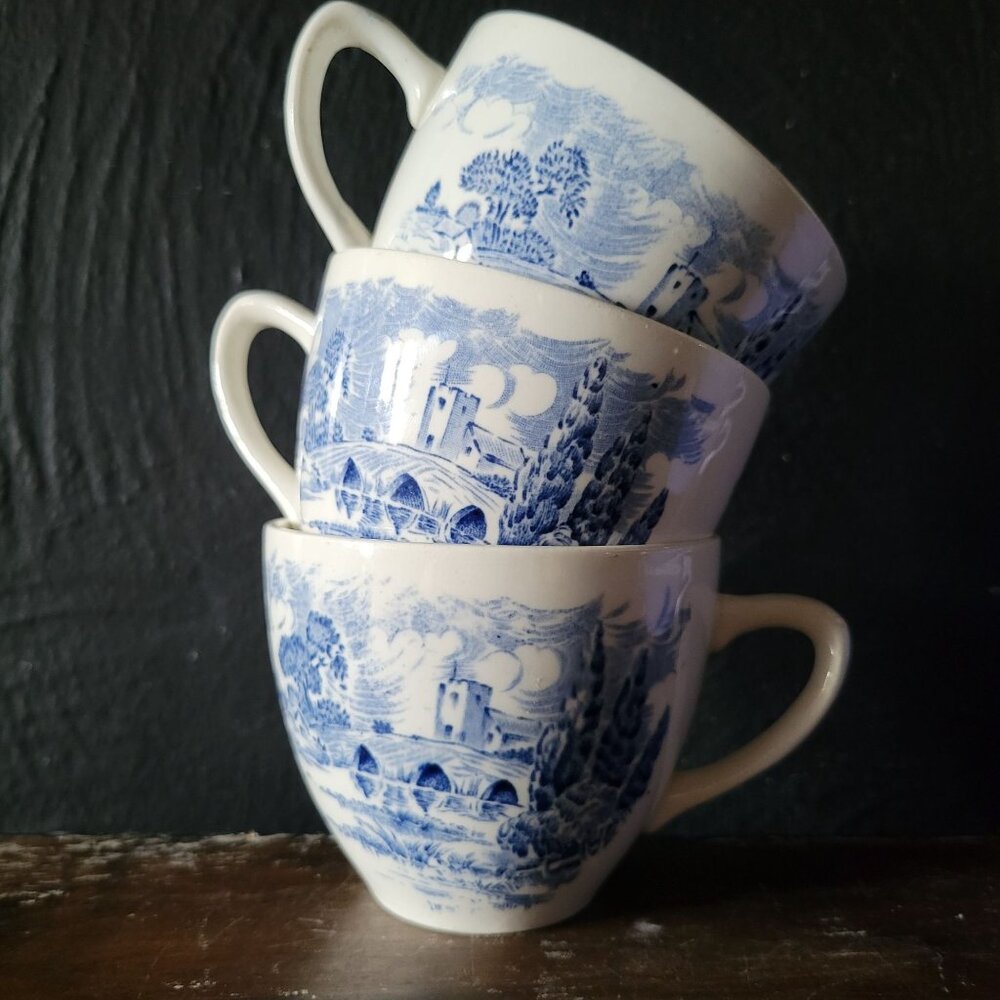 Set of 3 Vintage Enoch Wedgewood Tunstall Countryside Teacups, Blue and White